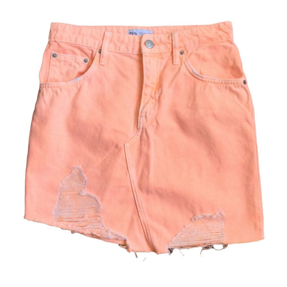 Zara Denim Neon Orange Jean Skirt Distressed Size Small